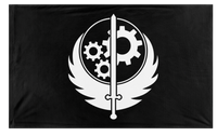 A mockup of the custom flag 'Black and White Brotherhood of Steel flag' on a white background