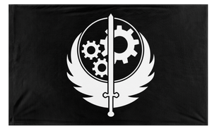 A mockup of the custom flag 'Black and White Brotherhood of Steel flag' on a white background