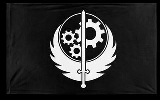 A mockup of the custom flag 'Black and White Brotherhood of Steel flag' on a white background