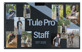 A mockup of the custom flag 'tule pro staff  flag' on a white background