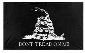A mockup of the custom flag 'Black and White Gadsden flag' on a white background