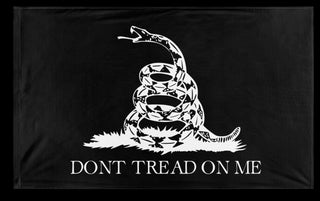 A mockup of the custom flag 'Black and White Gadsden flag' on a white background