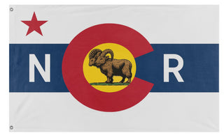 A mockup of the custom flag 'Fallout Colorado NCR flag' on a white background