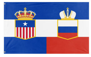 A mockup of the custom flag 'RussoAmericanEmpire flag' on a white background