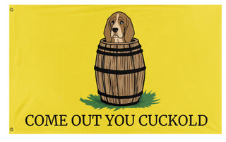 A mockup of the custom flag 'Come Out You Cuckold Gadsden flag' on a white background