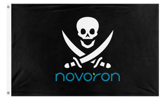 A mockup of the custom flag 'Novoron Pirate flag' on a white background