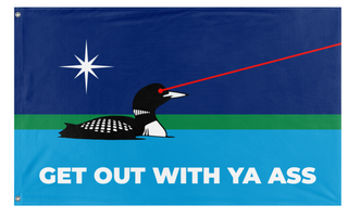 A mockup of the custom flag 'Minnesota Laser Loon ICE get out flag' on a white background