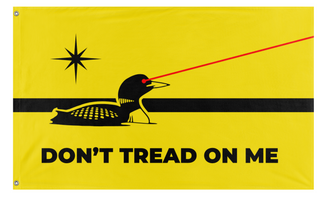 A mockup of the custom flag 'Minnesota Laser Loon Gadsden flag' on a white background
