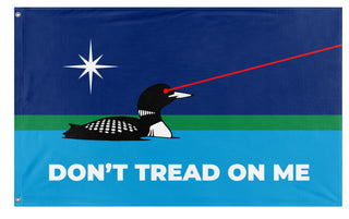 A mockup of the custom flag 'Don't Tread On Me Laser Loon flag' on a white background
