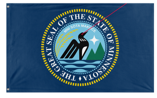 A mockup of the custom flag 'Minnesota State Seal Laser Loon flag' on a white background