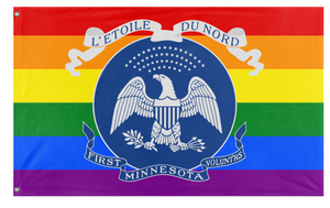 A mockup of the custom flag 'Modern First Minnesota Volunteers Pride flag' on a white background