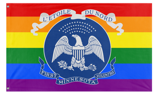 A mockup of the custom flag 'Modern First Minnesota Volunteers Pride flag' on a white background