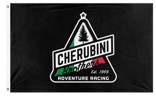 A mockup of the custom flag 'Cherubini-racing-black flag' on a white background