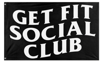 A mockup of the custom flag 'GET FIT SOCIAL CLUB flag' on a white background