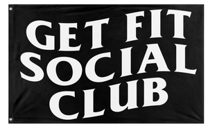 A mockup of the custom flag 'GET FIT SOCIAL CLUB flag' on a white background