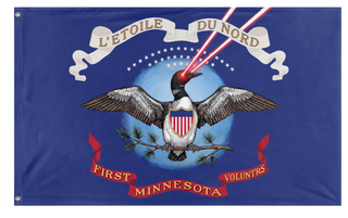 A mockup of the custom flag 'First Minnesota Volunteers Laser Loon flag' on a white background