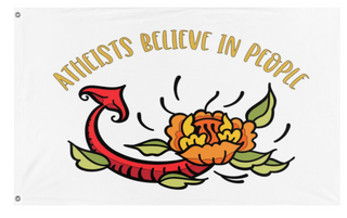 A mockup of the custom flag 'Atheists Believe In People flag' on a white background