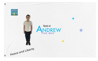 A mockup of the custom flag 'Andrew The Boy Hotel Flag' on a white background