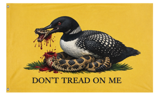 A mockup of the custom flag 'Minnesota Loon Gadsden flag' on a white background