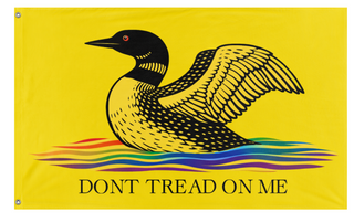 A mockup of the custom flag 'Loon-y Gadsden flag' on a white background