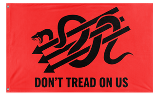 A mockup of the custom flag 'Iron Front Gadsden flag' on a white background