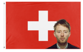 A mockup of the custom flag 'thom yorke swiss  flag' on a white background
