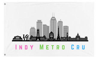 A mockup of the custom flag 'Indy Metro Cru flag' on a white background