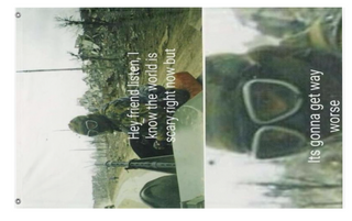 A mockup of the custom flag 'Hey Friend flag' on a white background