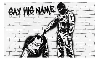 A mockup of the custom flag 'Alex Pretti Say His Name flag' on a white background