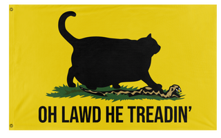A mockup of the custom flag 'Oh Lawd he Treadin' flag' on a white background