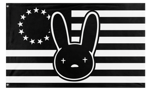 A mockup of the custom flag 'Bad Bunny American Flag Burning' on a white background