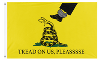 A mockup of the custom flag 'TREAD ON US, PLEASE SM flag' on a white background