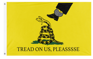 A mockup of the custom flag 'TREAD ON US, PLEASE SM flag' on a white background