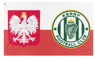 A mockup of the custom flag 'Polish Kerry FC Fans Flag' on a white background