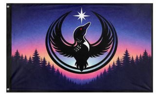 A mockup of the custom flag 'Rebel Loon Northern Lights flag' on a white background
