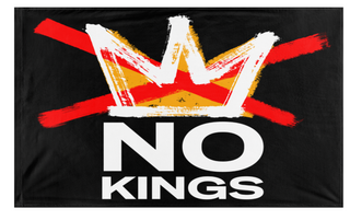 A mockup of the custom flag 'NO KINGS flag' on a white background