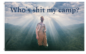 A mockup of the custom flag 'whoshitmycamp flag' on a white background