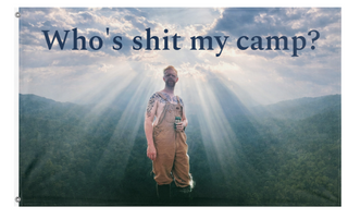 A mockup of the custom flag 'whoshitmycamp flag' on a white background