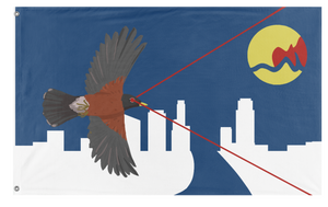A mockup of the custom flag 'Grand Rapids Laser Robin flag' on a white background
