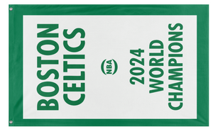 A mockup of the custom flag 'Boston Celtics 2024 World Championships flag' on a white background