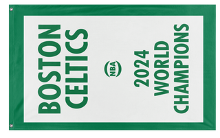 A mockup of the custom flag 'Boston Celtics 2024 World Championships flag' on a white background
