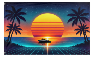 A mockup of the custom flag 'Vaporwave Sunset Boat flag' on a white background