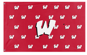 A mockup of the custom flag 'WArrior W Red/white flag' on a white background