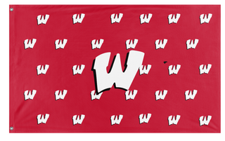 A mockup of the custom flag 'WArrior W Red/white flag' on a white background
