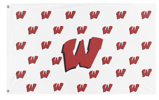 A mockup of the custom flag 'Warrior W's White/red flag' on a white background