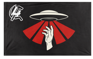 A mockup of the custom flag 'Salvacion Sideral flag' on a white background