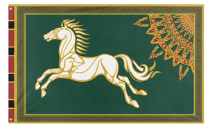 A mockup of the custom flag 'Flag of Rohan' on a white background