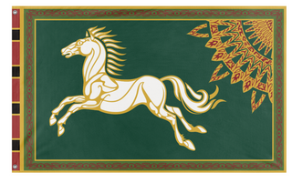 A mockup of the custom flag 'Flag of Rohan' on a white background