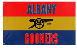 A mockup of the custom flag 'Gooners Flag' on a white background