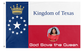 A mockup of the custom flag 'Save Texas's Queen flag' on a white background